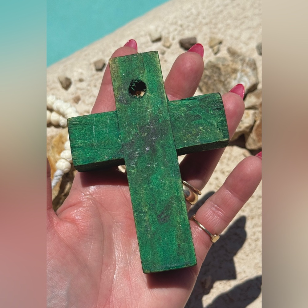 Milagros Silver Metal Charm Spanish Folk Art Painted Wood Cross-Turquoise Green - Picture 9 of 10